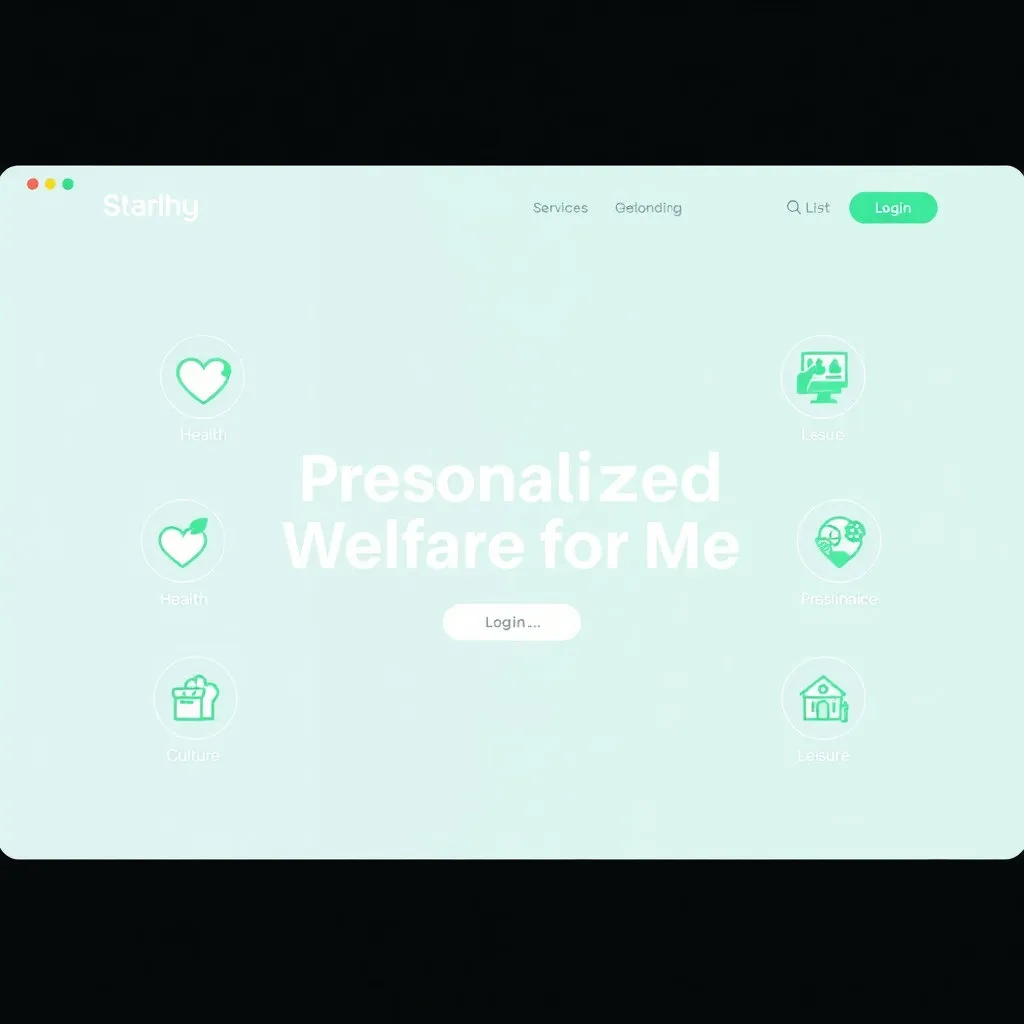 깨끗하고 현대적인 디자인의 웹페이지 화면을 보여줍니다. 중앙에는 '나를 위한 맞춤 복지'와 같은 문구가 크게 표시되고, 주변에는 로그인, 내 복지점수, 서비스 카테고리(예: 건강, 문화, 여가) 아이콘들이 배치되어 있습니다.