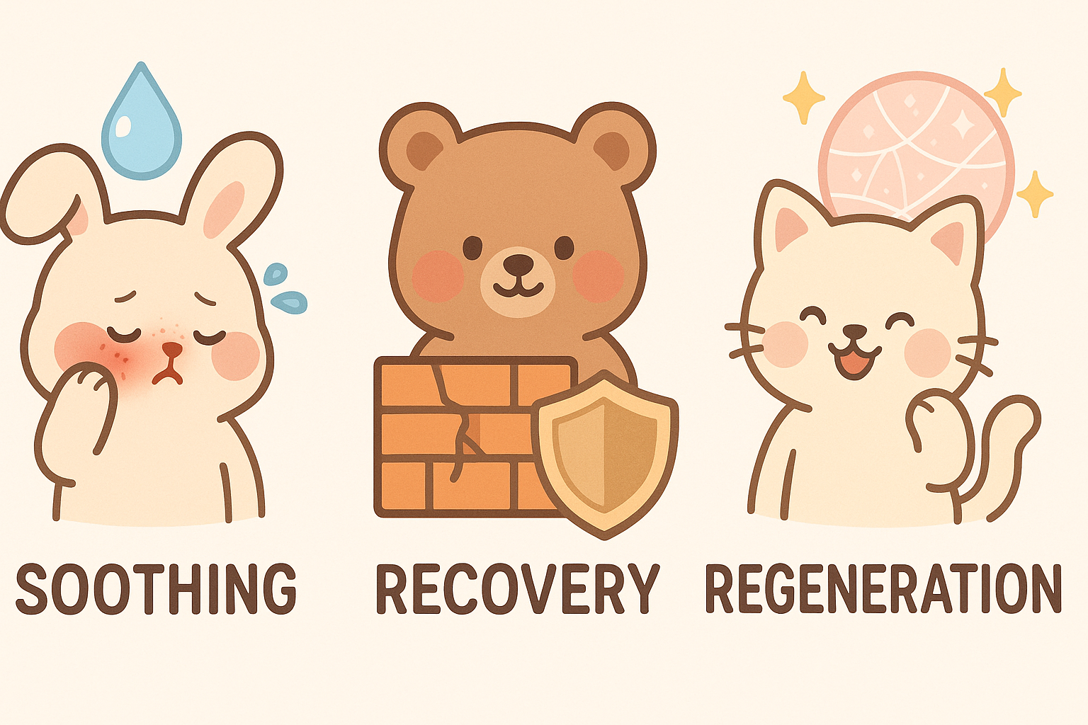 피부 회복 3단계 일러스트: 토끼=진정(Soothing), 벽돌 장벽과 방패 곰=회복(Recovery), 빛나는 고양이=재생(Regeneration)