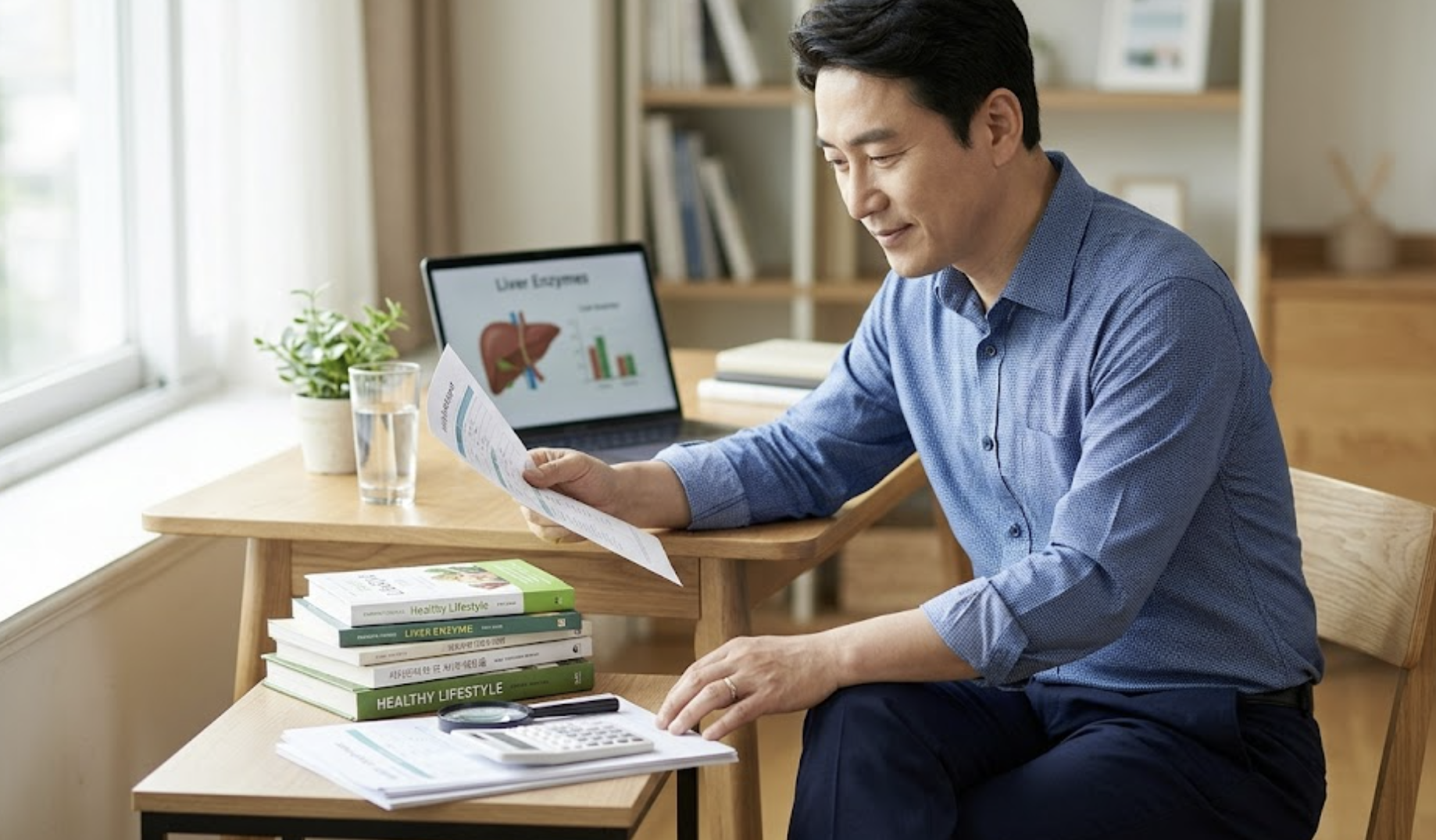 건강검진 결과지에서 간 기능 지표인 AST, ALT, GGT 수치를 확인하고 해석하고 있는 남성