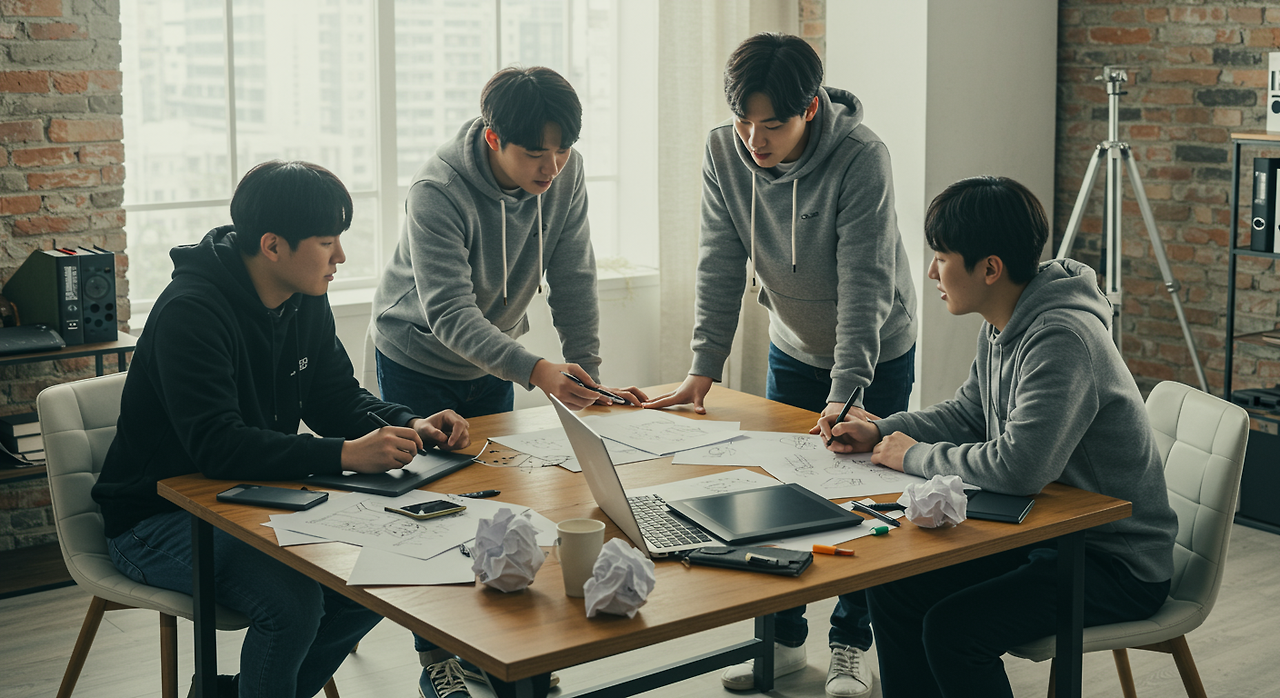 테이블 주변에서 스케치와 노트북을 이용해 창의적인 아이디어를 논의하는 젊은 게임 개발자들