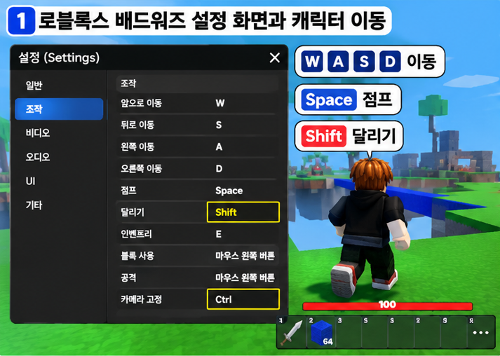 인크래프트 이용자를 위한 로블록스 배드워즈 기본 키보드 조작법