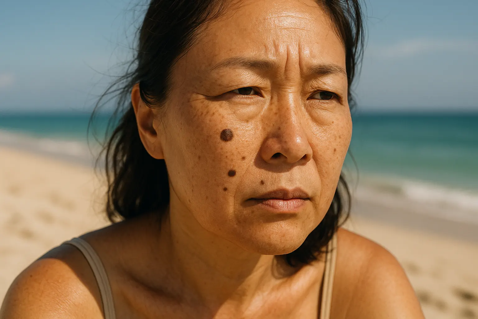자외선에 노출된 중년 여성의 피부