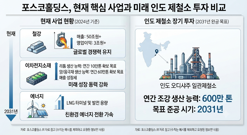 포스코홀딩스 현재 실적과 인도 제철소 장기 투자의 시간축 차이를 보여주는 이미지
