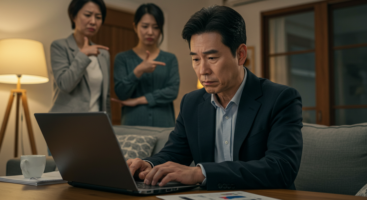 집에서 노트북을 보는 남성