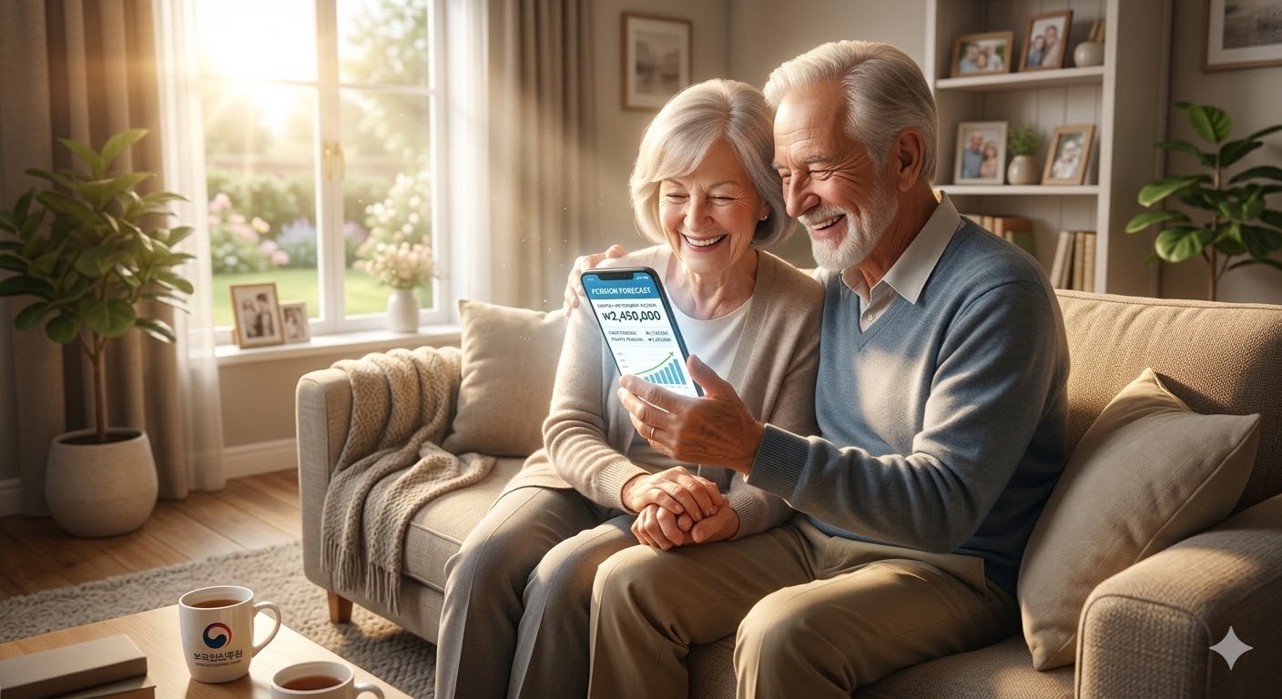 국민연금 앱 '내 곁에 국민연금' 화면을 보며 예상 수령액에 환하게 웃는 부부