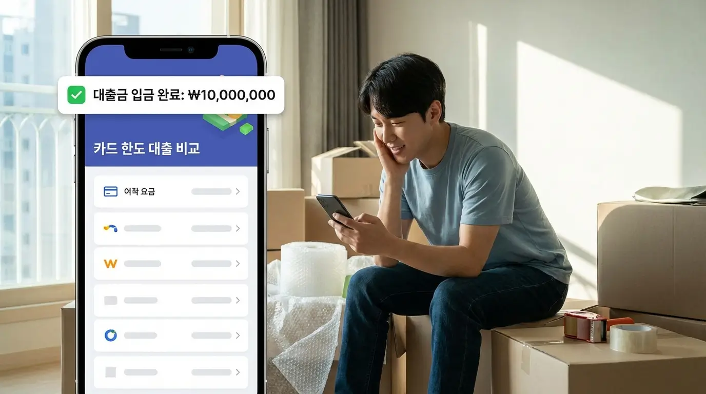 대출금이 무사히 입금된 직후 스마트폰으로 안전하게 카드 한도 대출을 비교 조회하여 이사 비용을 마련하는 모습