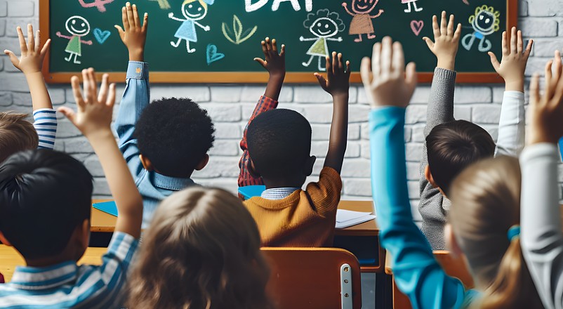 교실에서 여러 국적의 어린이들이 손을 들고 수업에 참여하는 모습. 다양한 아동이 복지혜택을 통해 교육과 자립을 준비하는 장면을 시각적으로 표현.