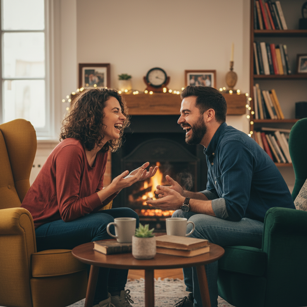 친근한 분위기에서 서로 마주 보며 웃고 대화하는 두 사람