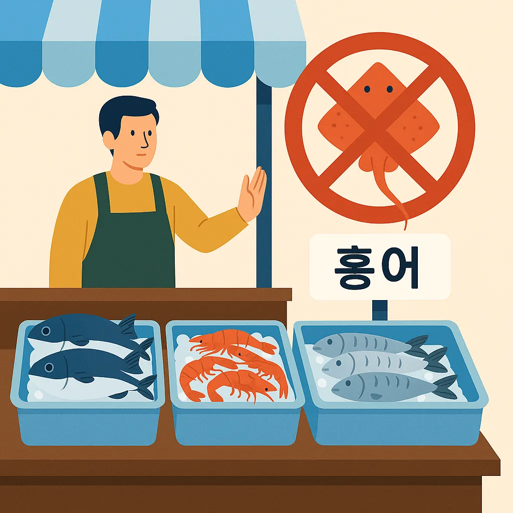 참홍어 판매 금지 표시가 있는 수산시장 풍경