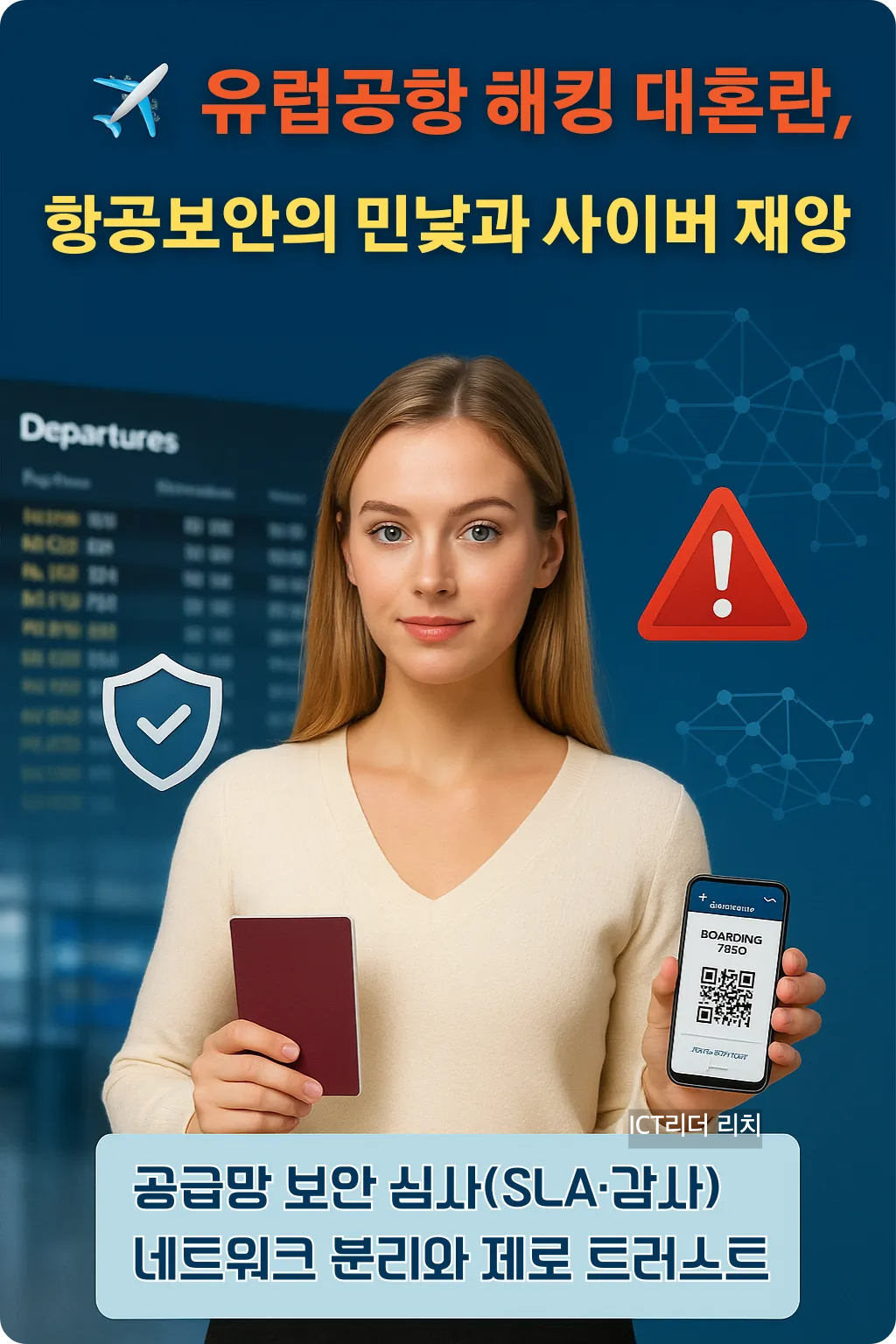 유럽 공항 해킹 대혼란 핵심 정리 인포그래픽(여성 모델, 보안 아이콘, 전광판)