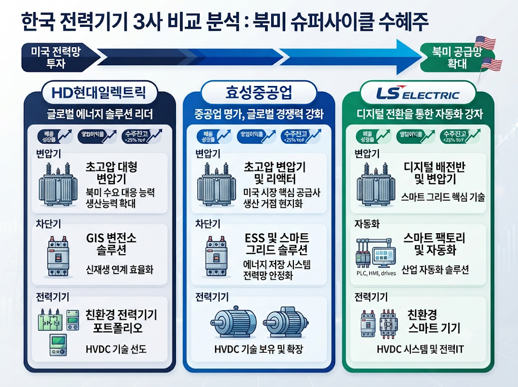 HD현대일렉트릭 효성중공업 LS ELECTRIC의 전력기기 사업과 미국 전력망 수혜 가능성을 비교한 인포그래픽