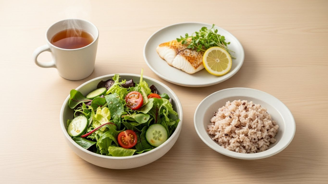 균형 잡힌 한 끼 식단과 겨우살이 차를 함께 배치한 이미지