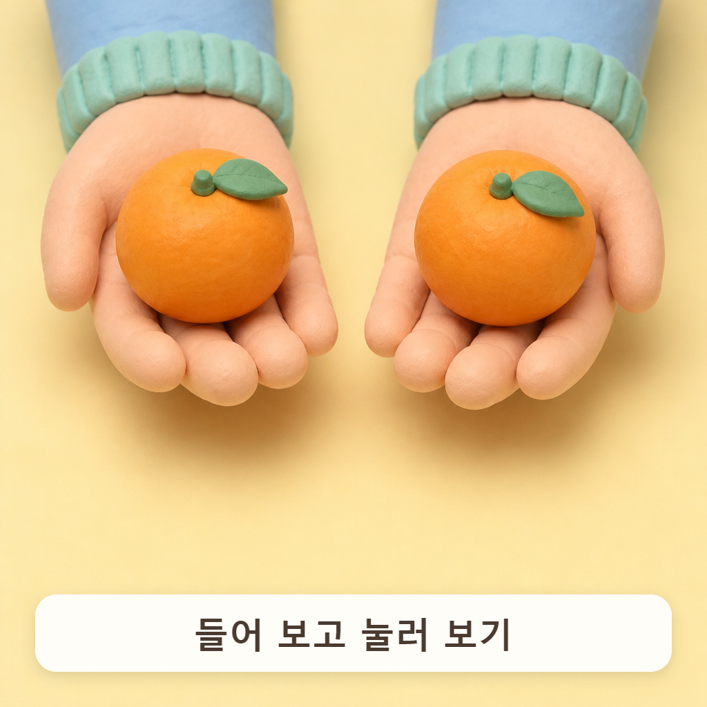 두 손바닥 위에 귤을 하나씩 올려 무게를 견주는 장면