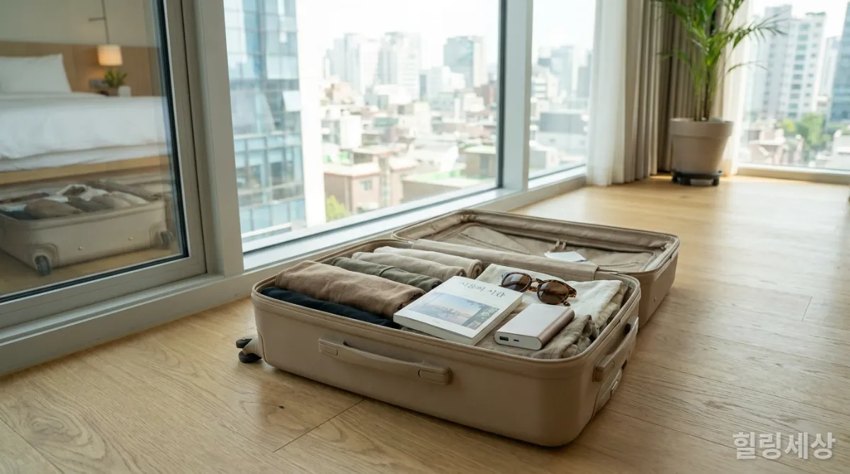 깔끔하게 짐이 꾸려진 24인치 여행용 캐리어