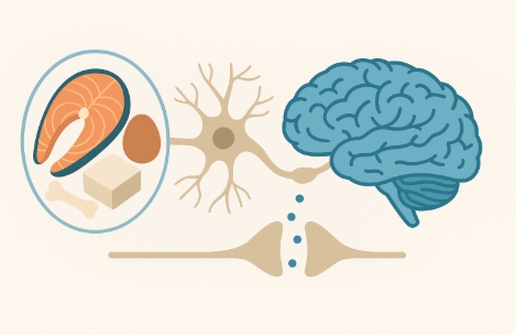 두뇌와 단백질을 연결하는 신경세포 일러스트 이미지. 좌측은 단백질 식품, 우측은 활발히 작동하는 뇌의 이미지 구성