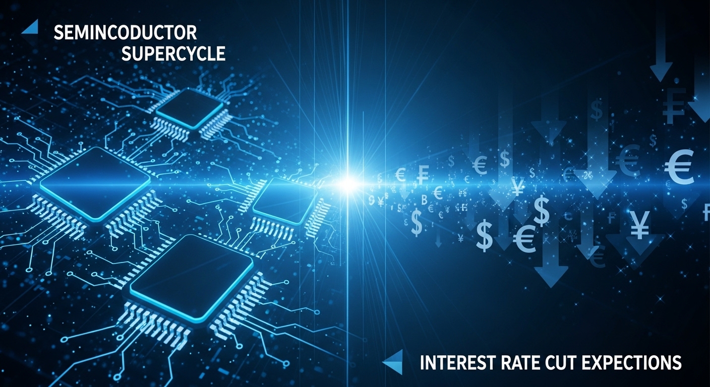 반도체 칩 이미지와 금리 인하를 상징하는 경제 지표가 어우러져 코스피 상승의 주요 동력을 시각적으로 표현합니다.