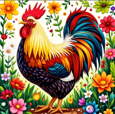 꽃에 둘러쌓인 닭