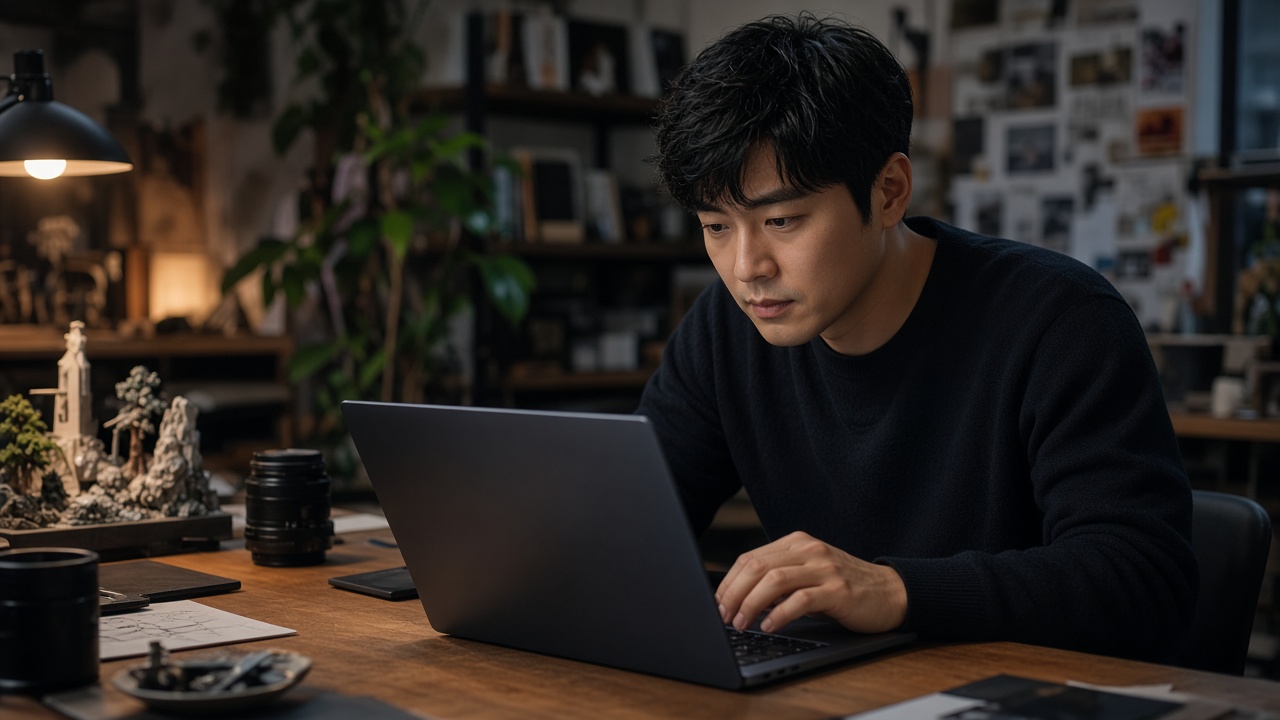작업실 책상에서 16인치 크리에이터 노트북으로 3D 작업을 하는 30대 한국인 남성