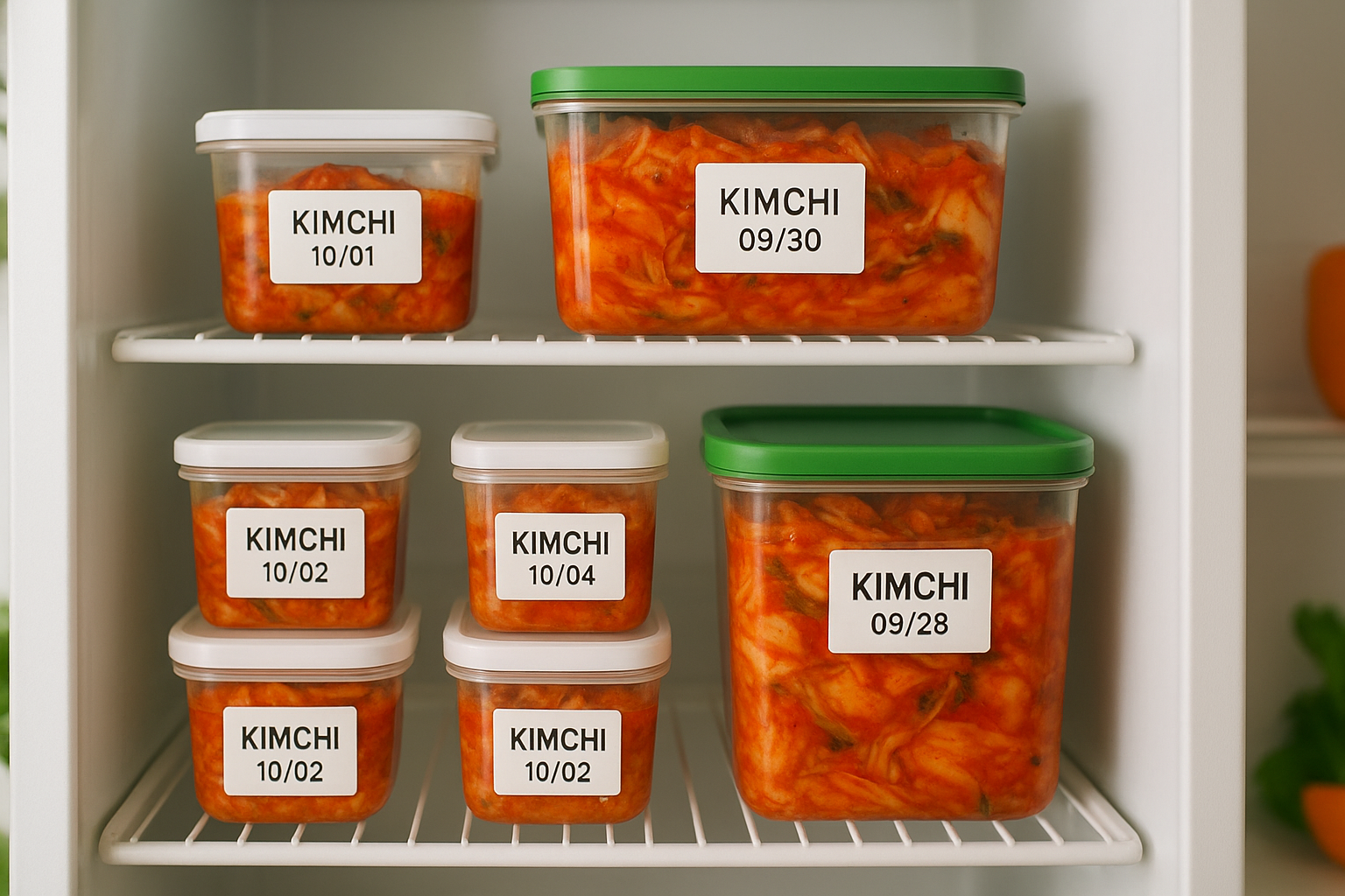 냉장고 선반에 내용물과 날짜가 정확히 라벨링된 김치 소분 용기들이 깔끔하게 정리된 모습