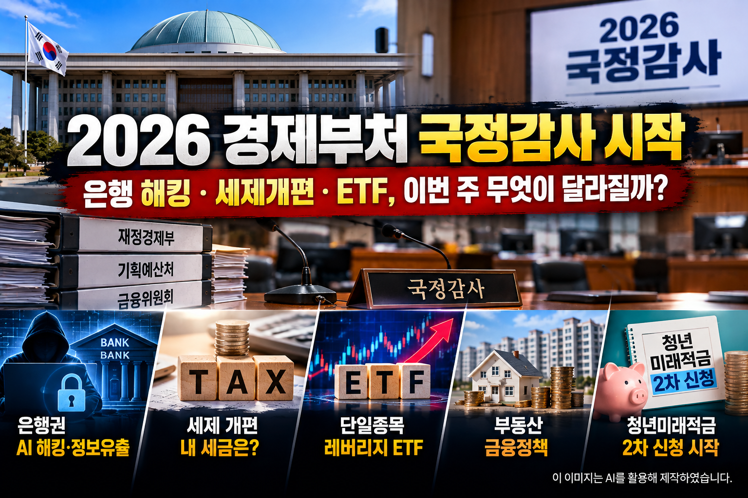 2026 경제부처 국정감사 주요 쟁점인 은행 해킹, 세제개편, 레버리지 ETF, 부동산 금융정책을 정리한 이미지