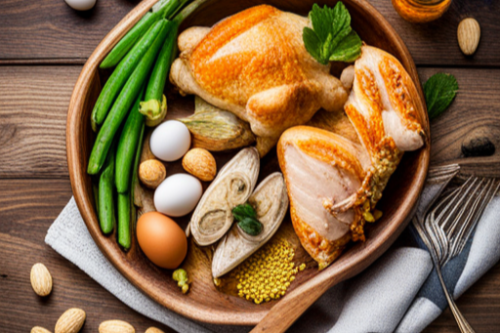 닭고기, 계란, 땅콩, 바나나, 호박씨, 아몬드, 견과류, 생선
