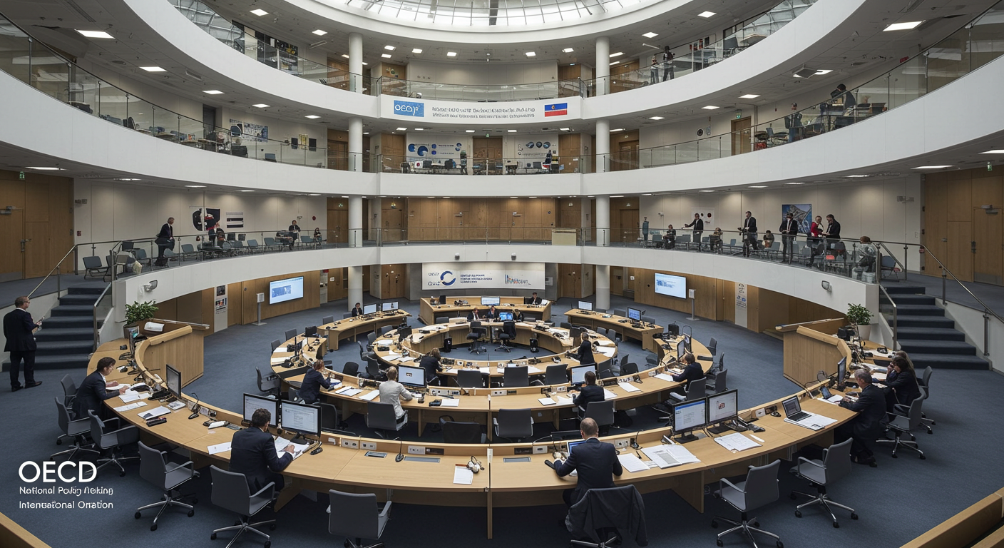 OECD 본부 회의장 전경, 각국 대표들이 원탁에 모여 국제 정책을 논의하는 모습