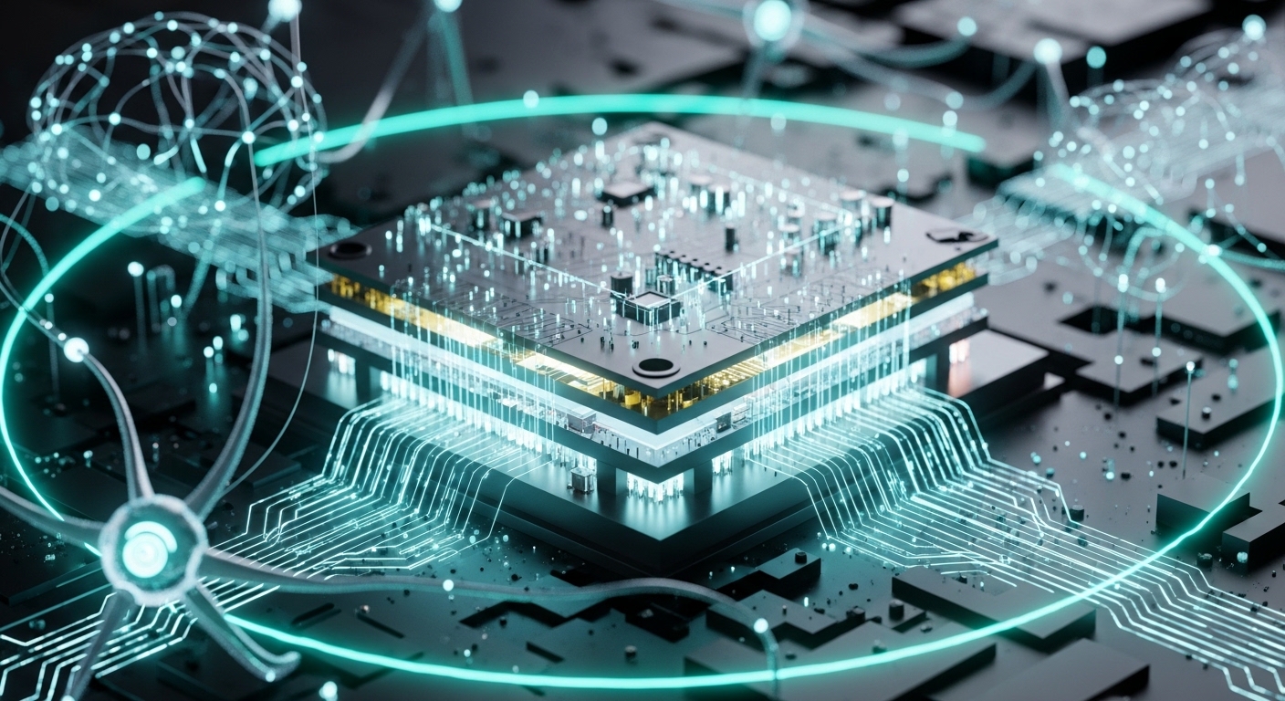 A high-tech 3D render of a glowing multilayer PCB board (MLB) with data pulses flowing through it, surrounded by abstract AI brain patterns. Teal and silver neon accents, professional financial aesthetic, 8k.