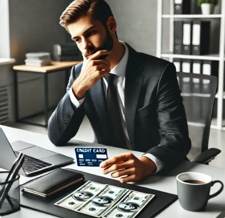 연말정산을 위하여 신용카드 사용, 현금 사용을 고민하고 있는 직장인의 이미지