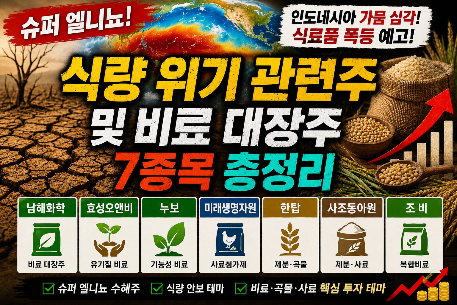 인도네시아 가뭄과 슈퍼 엘니뇨로 인한 식료품 폭등 및 식량 위기 우려를 배경으로 남해화학, 효성오앤비, 누보, 미래생명자원, 한탑, 사조동아원, 조비 등 비료&middot;곡물&middot;사료 관련주 7종목을 강조한 주식 테마 썸네일 이미지.