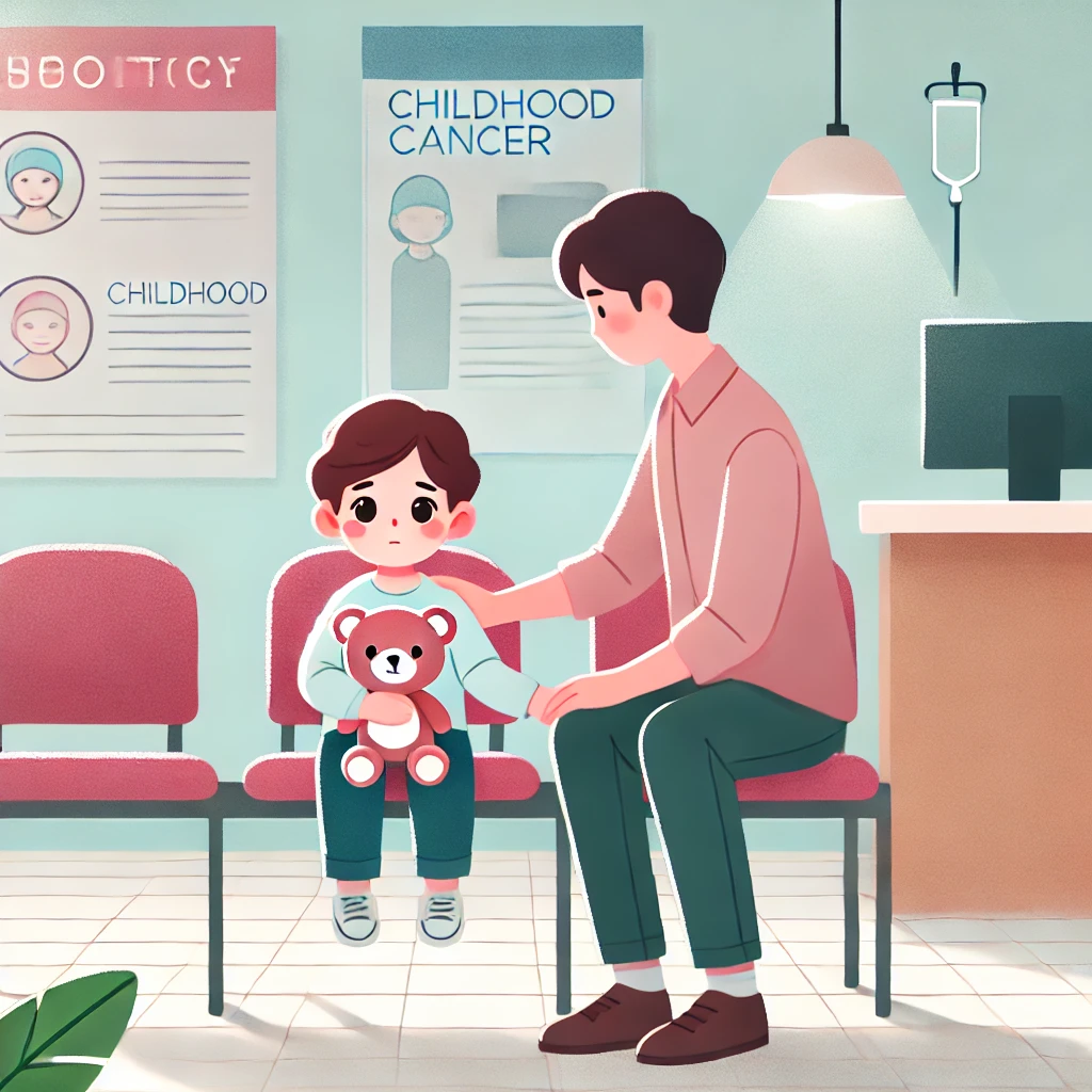 병원 대기실에서 보호자 옆에 앉아 기다리는 소아암 환자