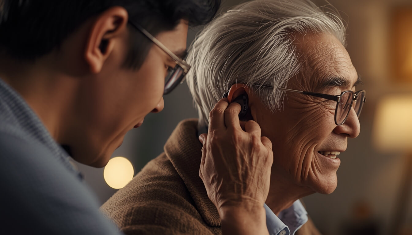 아버지의 보청기 착용을 도와드리는 효심 깊은 아들