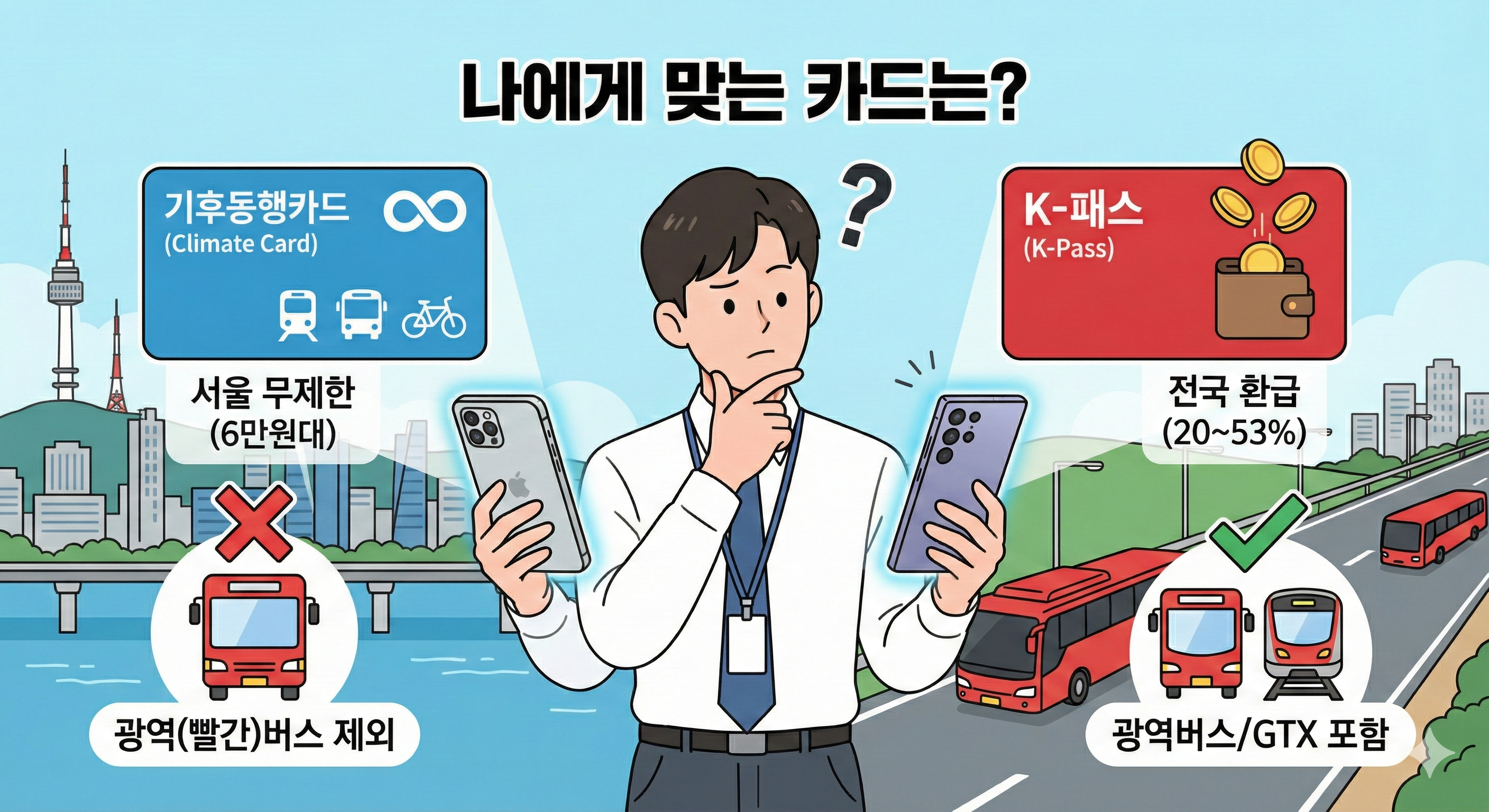 2026년 기후동행카드 vs K-패스 비교 일러스트 (남산타워가 보이는 서울 배경의 파란색 기후동행카드에는 '서울 무제한', '광역버스 제외'가 표시되어 있고, 도로 배경의 빨간색 K-패스에는 '전국 환급', '광역버스/GTX 포함'이 표시됨. 가운데서 직장인이 스마트폰을 들고 어떤 카드가 유리한지 고민하는 모습)