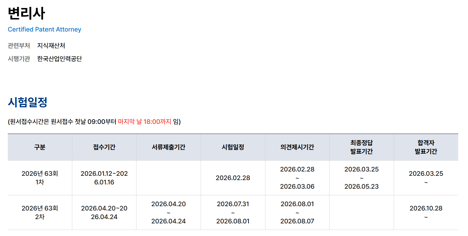 2026 변리사 시험일정 63회 1차 2차