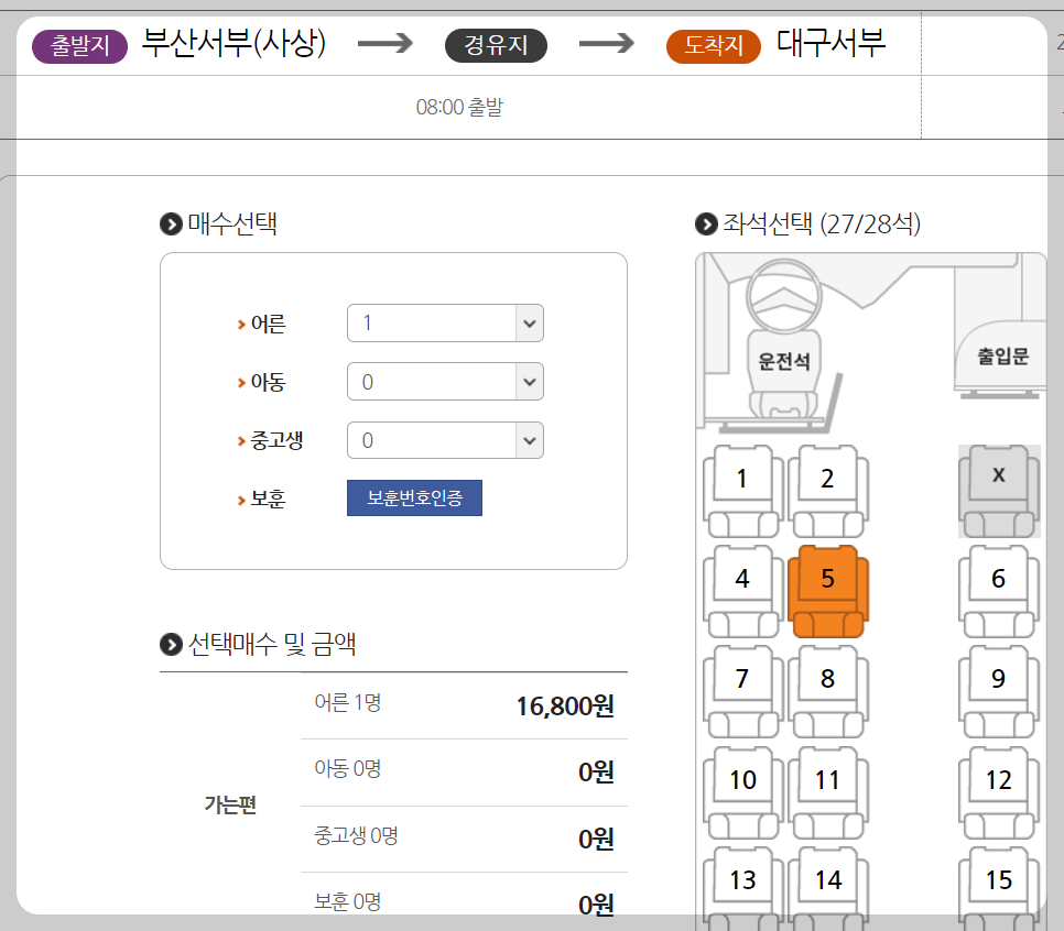 사상시외버스터미널 시간표 예매, 잔여좌석 확인하기