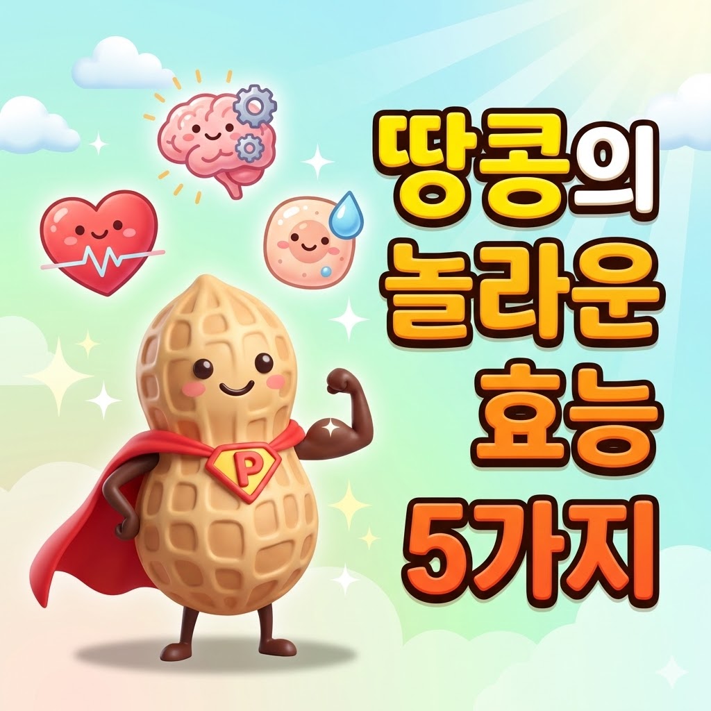 웃고 있는 귀여운 땅콩 캐릭터가 근육을 뽐내며 하트, 뇌, 피부 아이콘과 함께 있는 모습. '땅콩의 놀라운 효능 5가지' 한글 텍스트가 삽입된 3D 카툰 스타일의 이미지.