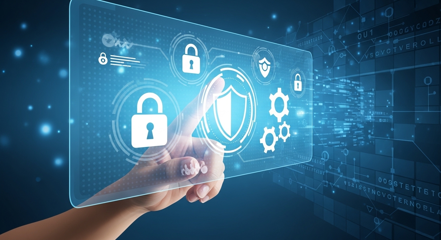 2025년 디지털 환경에서 개인정보를 안전하게 보호하는 모습을 형상화한 일러스트: 파란색과 회색 톤의 배경 위로 손이 투명한 화면을 조작하며 디지털 보안 설정과 자물쇠 아이콘을 확인하는 모습.