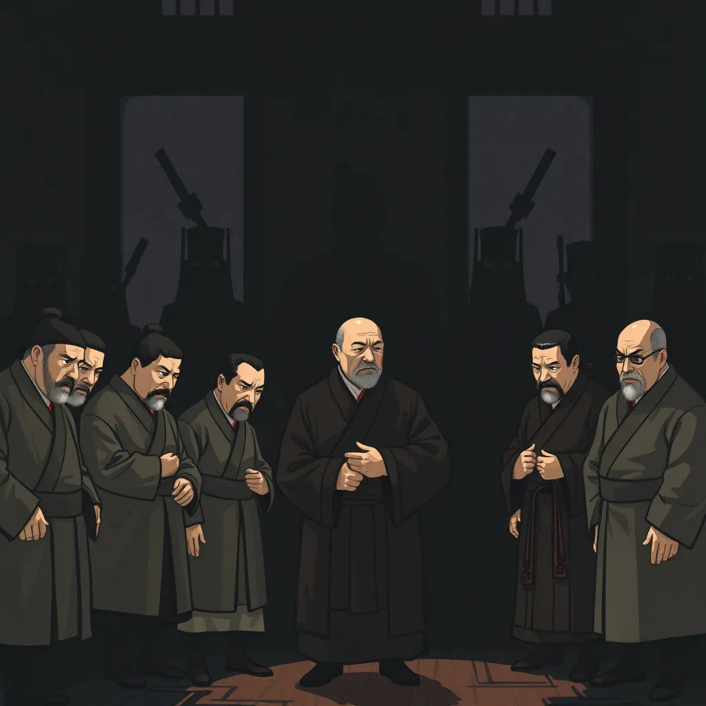 삼사(三司)의 언관들이 연산군에게 간언을 올리려 하지만, 두려움에 사로잡혀 입을 다물거나 고개를 숙이는 모습입니다. 그들의 뒤로는 날카로운 눈빛으로 감시하는 내시나 병사들의 그림자가 드리워져 있어, 언론 탄압의 분위기를 강조합니다.