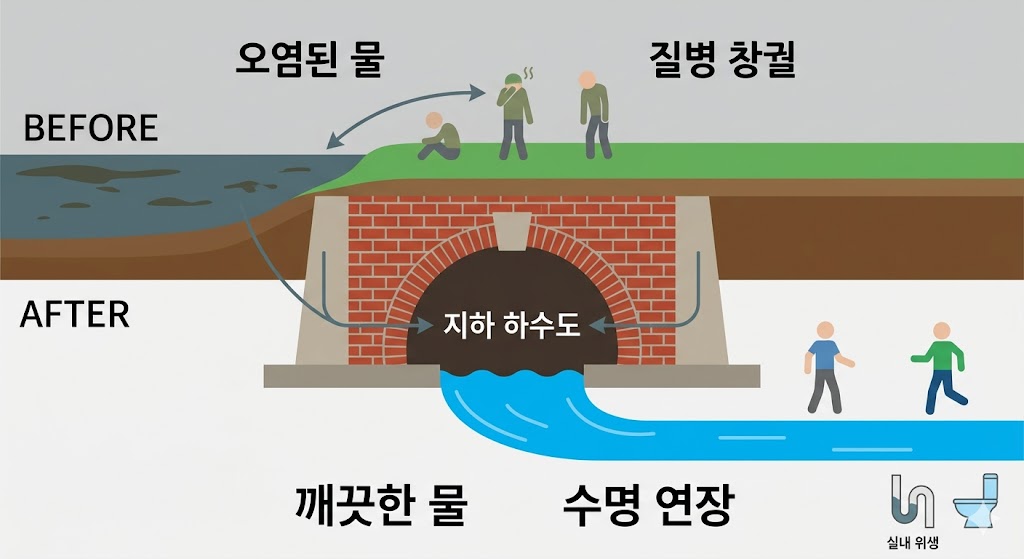 상단에는 오염된 물로 인해 질병이 창궐하는 과거의 모습이, 하단에는 벽돌로 쌓은 견고한 지하 하수도망을 통해 깨끗한 물이 흐르며 사람들의 수명이 연장된 현대적 위생 시스템이 대조적으로 표현되어 있습니다. 우측 하단에는 실내 위생의 핵심인 S자 트랩과 수세식 화장실 아이콘이 포함되어 인프라의 중요성을 시각적으로 설명합니다.