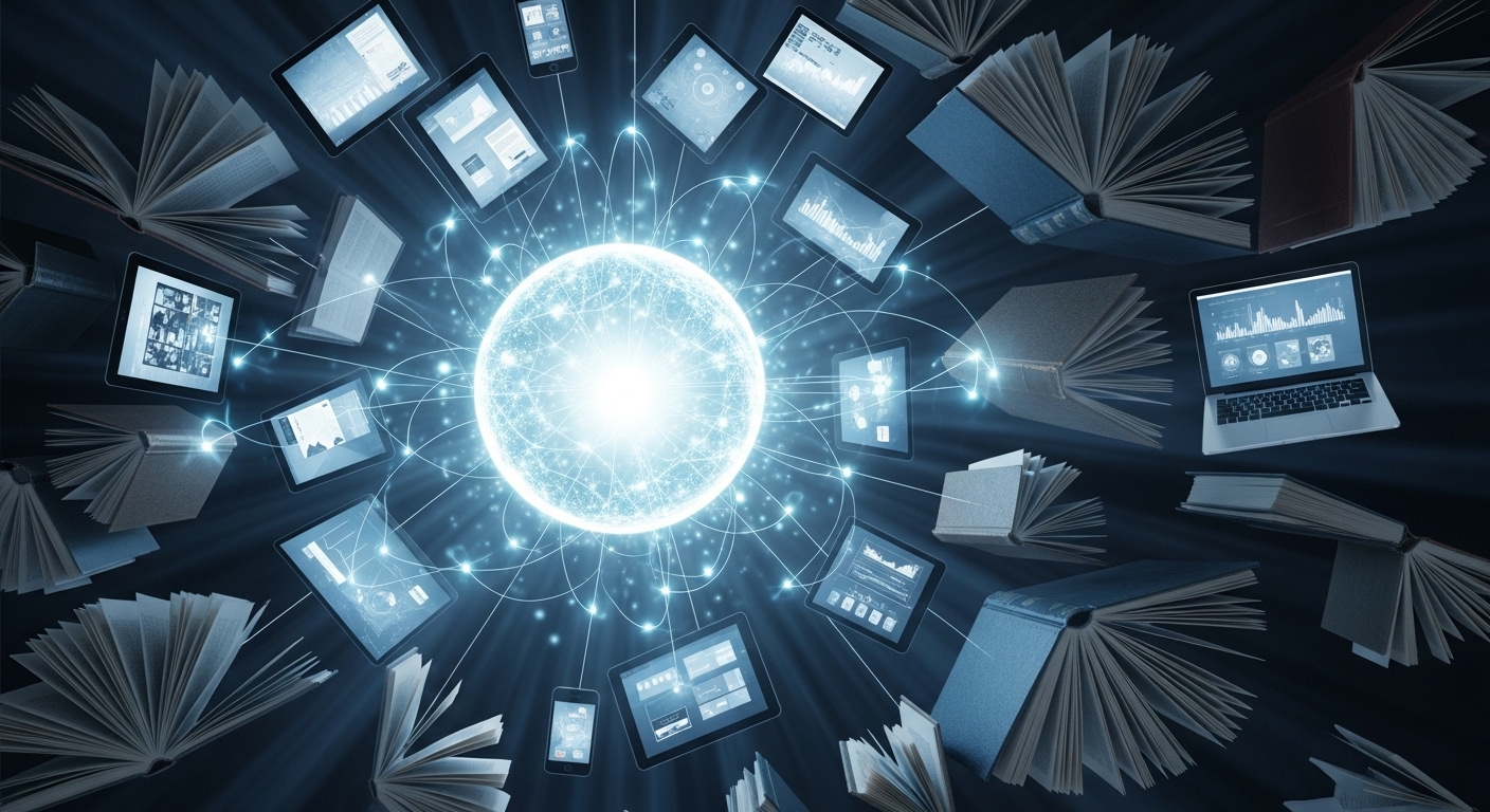 다양한 책과 디지털 정보원이 하나의 빛나는 지식 구체로 통합되는 시각적 은유, 다중 관점 통합을 나타냅니다.
