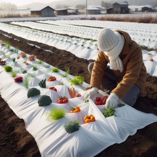 백색 부직포로 덮인 겨울 채소밭에서 일하는 농부의 모습