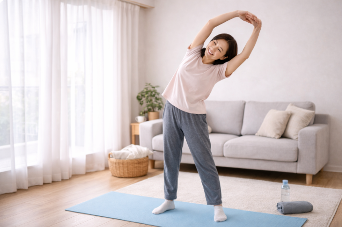 실내 거실에서 매트 위에서 가볍게 스트레칭을 하는 여성 전신 운동 모습