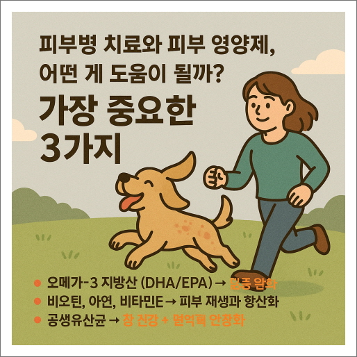 강아지 피부를 위한 영양제는 성분을 꼼꼼히 봐야 해요.
가장 중요한 건 아래 3가지