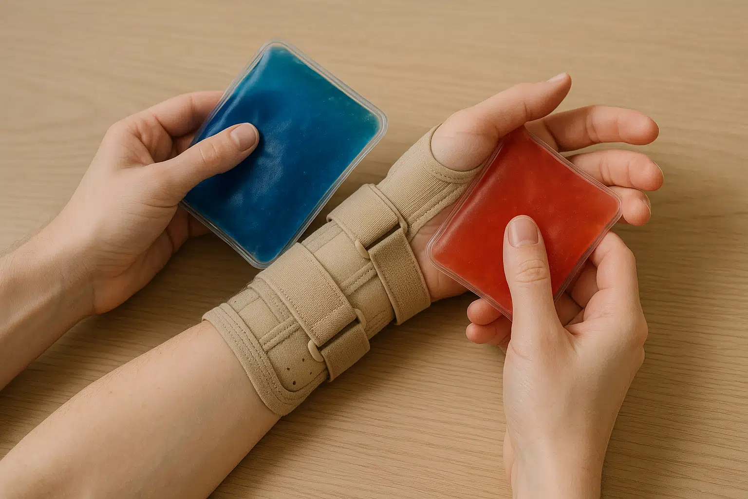 손목에 스플린트를 착용한 손, 냉찜질팩과 온찜질팩을 번갈아 대는 모습