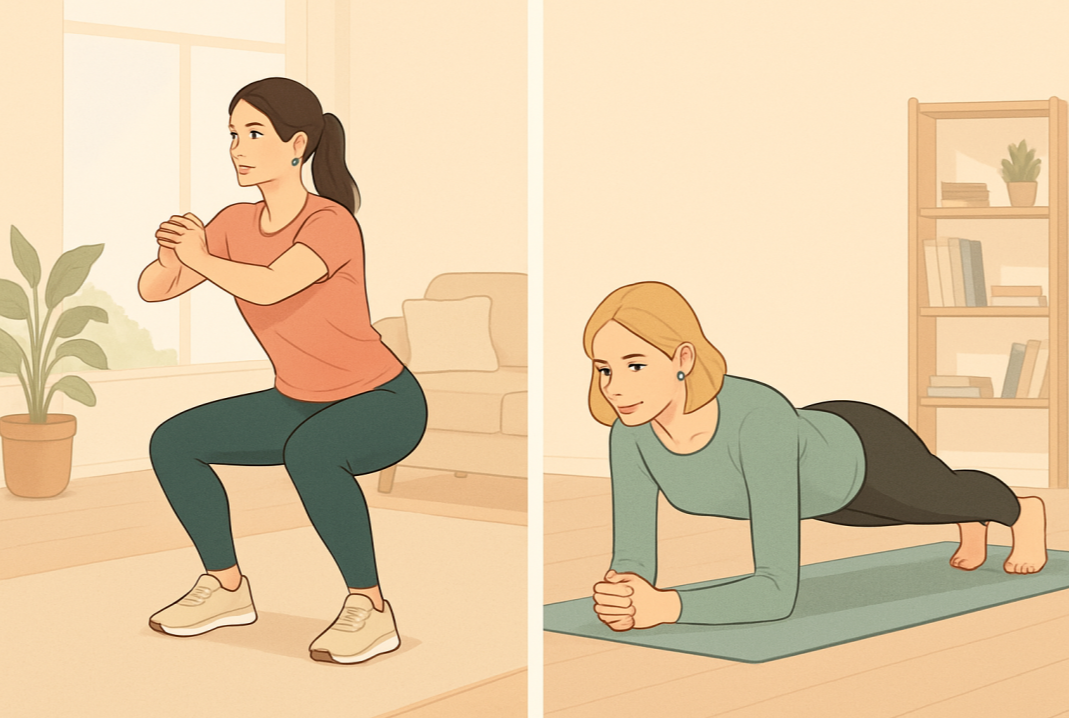 실내에서 스쿼트 자세를 취하는 여성과 요가 매트 위에서 플랭크 자세를 하고 있는 여성의 모습