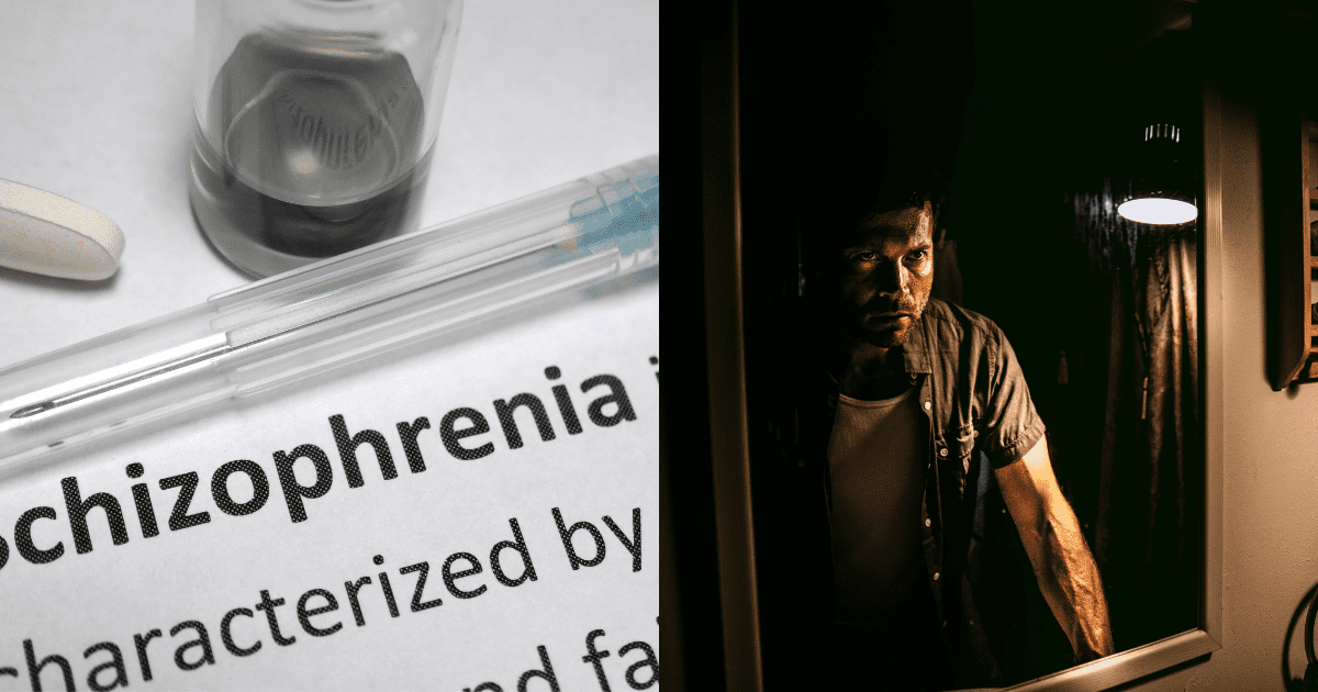 조현병 영어단어와 거울을 노려보고 있는 남성