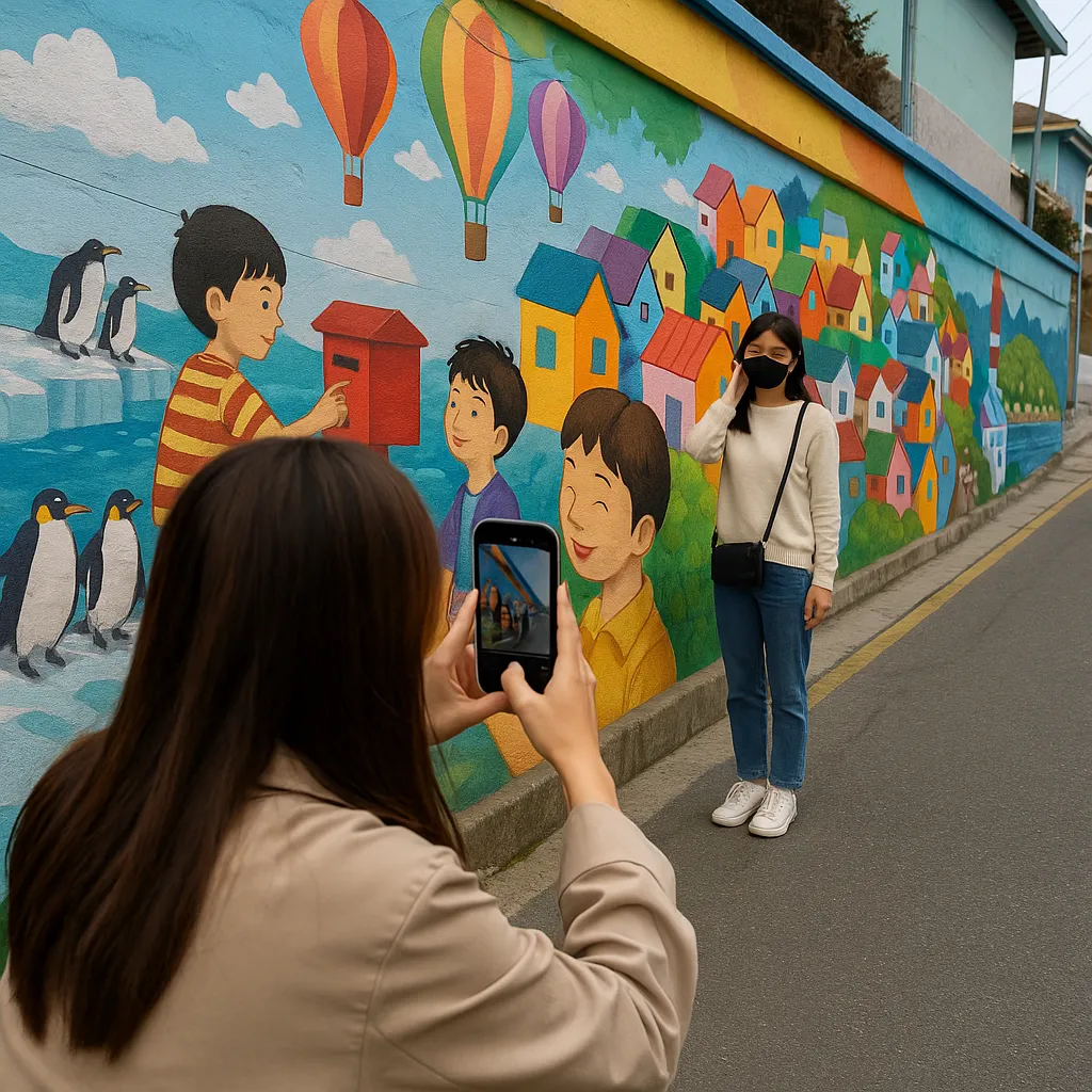 고소동 벽화마을에서 벽화를 배경으로 사진 찍는 관광객 모습