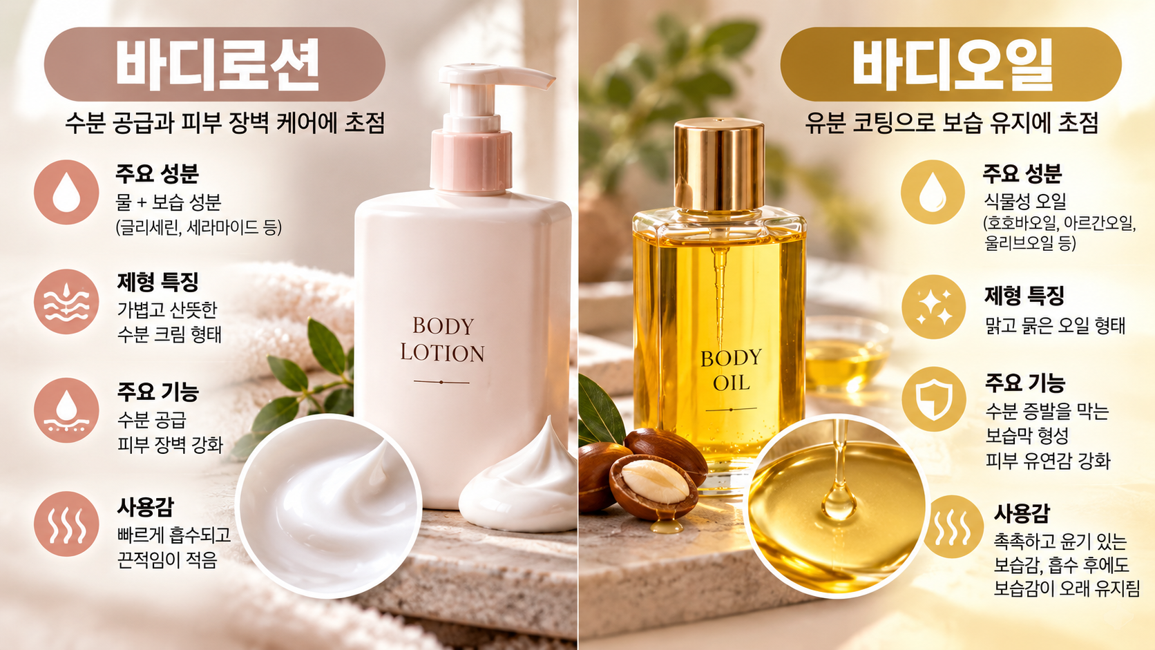 흰색-바디로션과-황금빛-바디오일-제품을-나란히-배치하고-주요-성분과-제형-보습-기능을-비교한-이미지