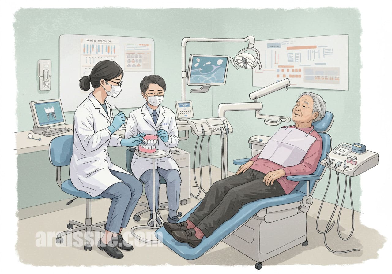 2025년 본인부담금 지원을 받으며 치과 치료를 받는 한국인 어르신들, 비용 절감 강조.