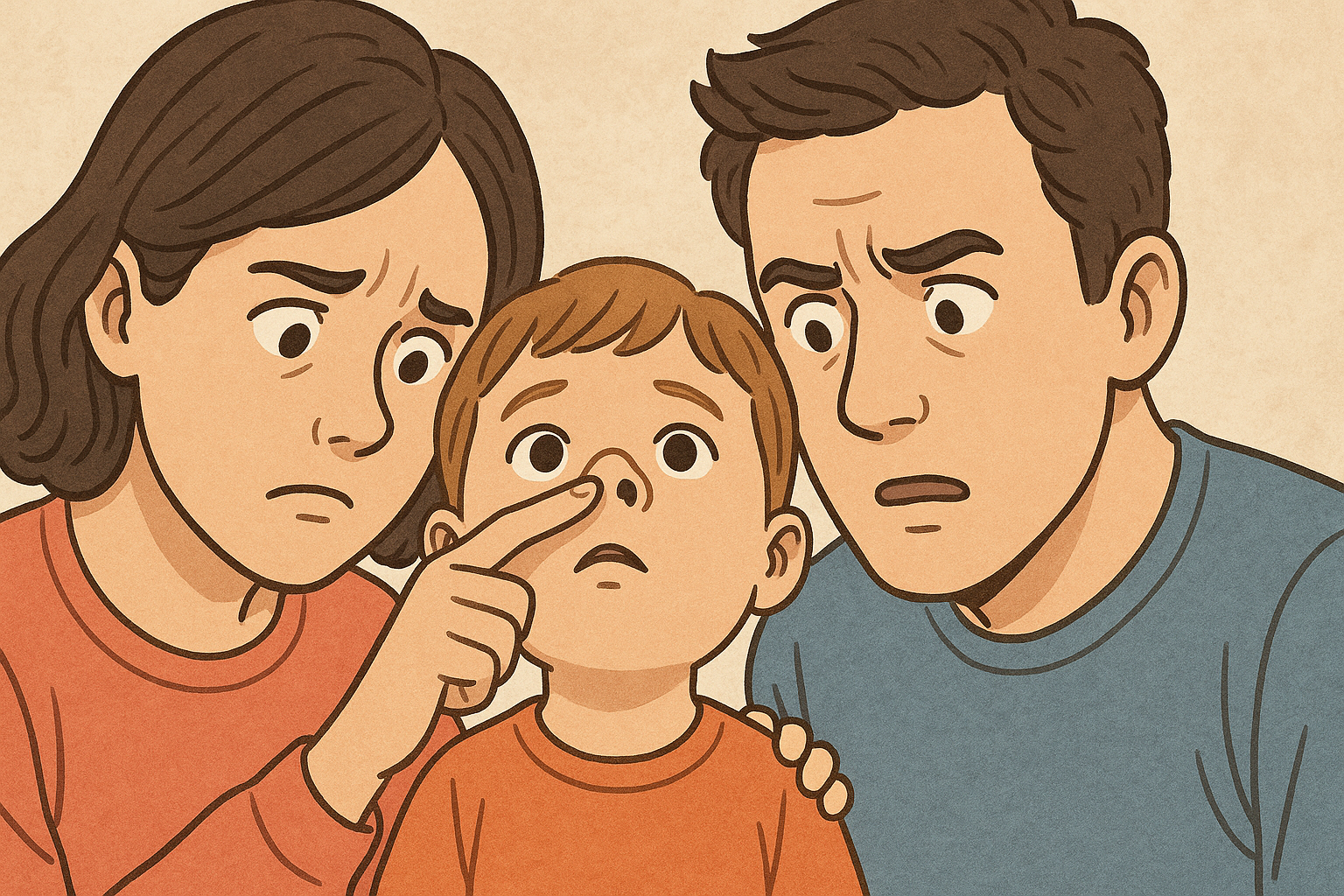 아이의 코를 들여다보며 걱정하는 부모