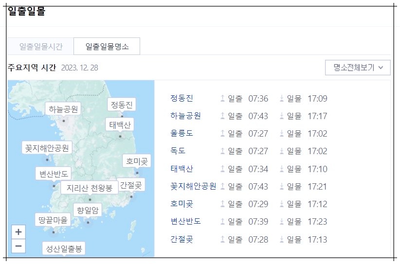 24년 주요 일출일몰 명소 지역 시간 해돋이 해넘이 시간